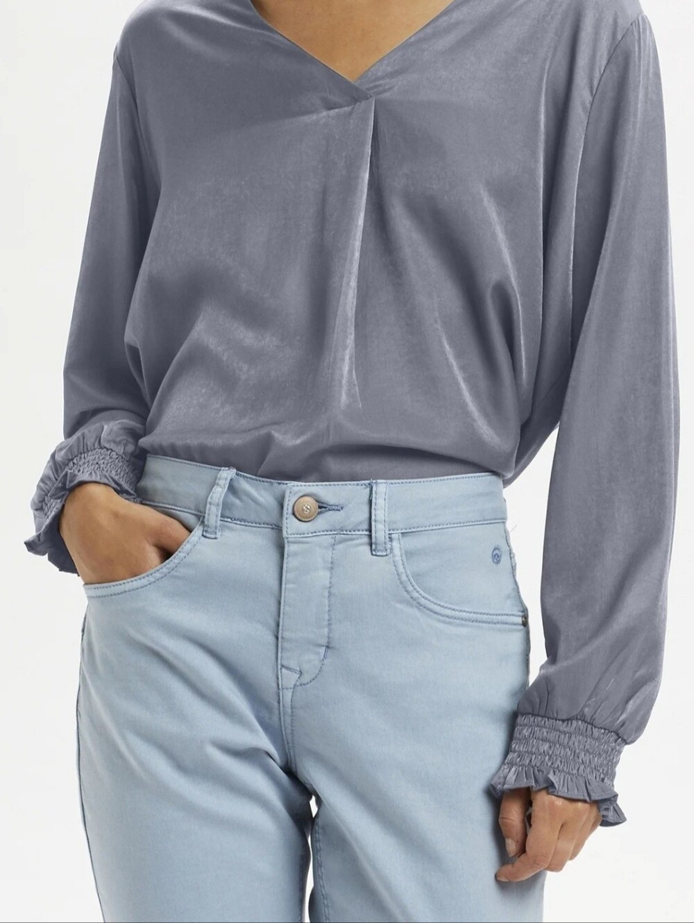 Cream ($115) Silky Dark Grey V-Neck Long Sleeve Blouse Smocked Cuffs